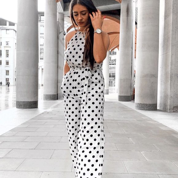 White Polka Dot Sleeveless Open Back Wide Leg Jumpsuit - Picture 8 of 9